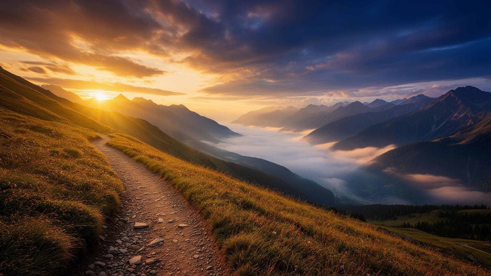 Mountain trail at sunrise